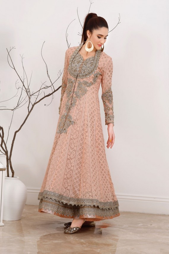 Peach Chiffon Chicken Kari 3pc Formal Suit.
