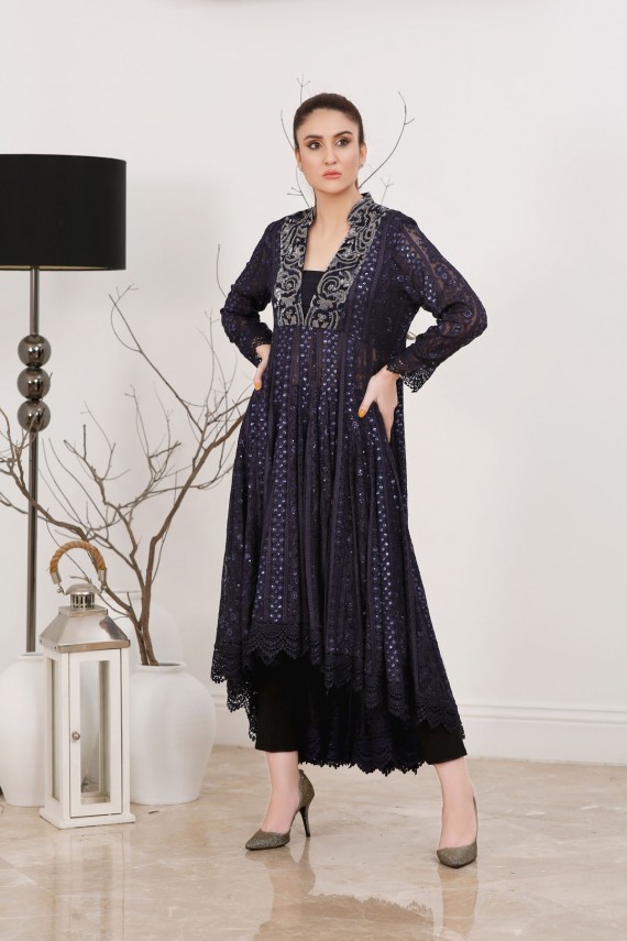 Blue Chiffon Chicken Kari 2pc Formal Suit