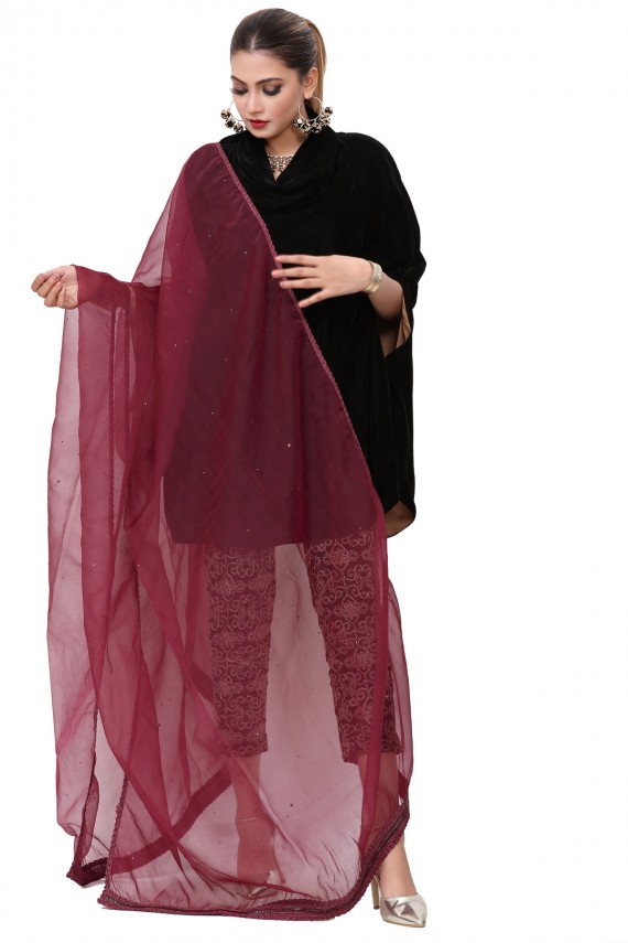 Maroon 1pc Organza Dupatta