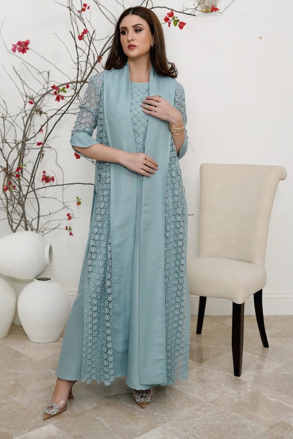 Blue Lace and raw silk 2pc suit.