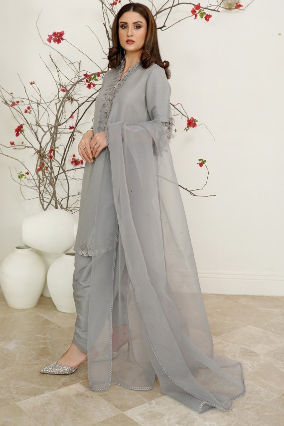 Grey Raw Silk 2pc Suit with shalwar. 