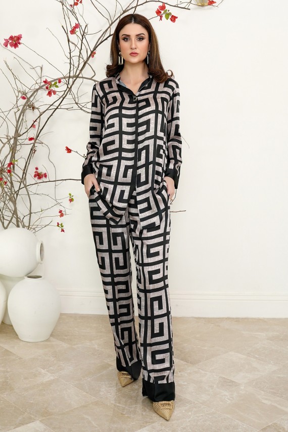 Black and silver 2pc printed silk coord set