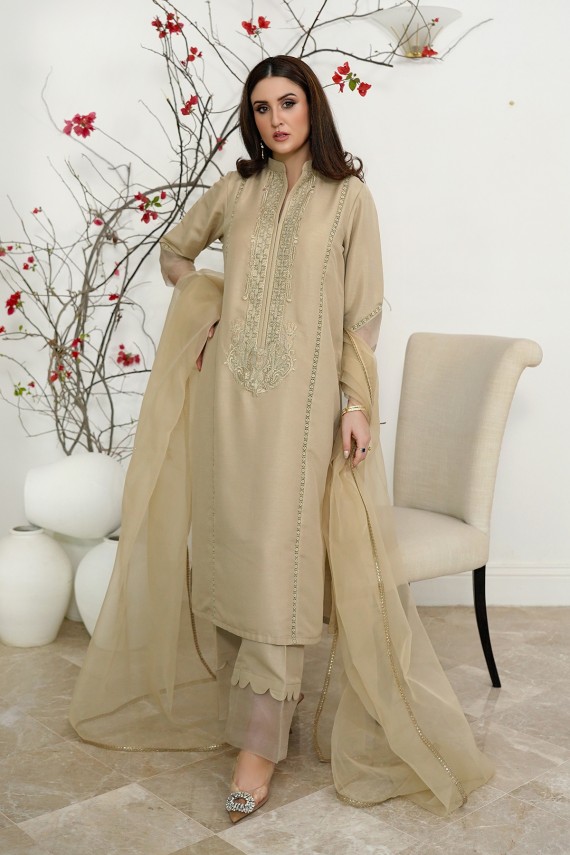 Beige gold 2pc raw silk suit