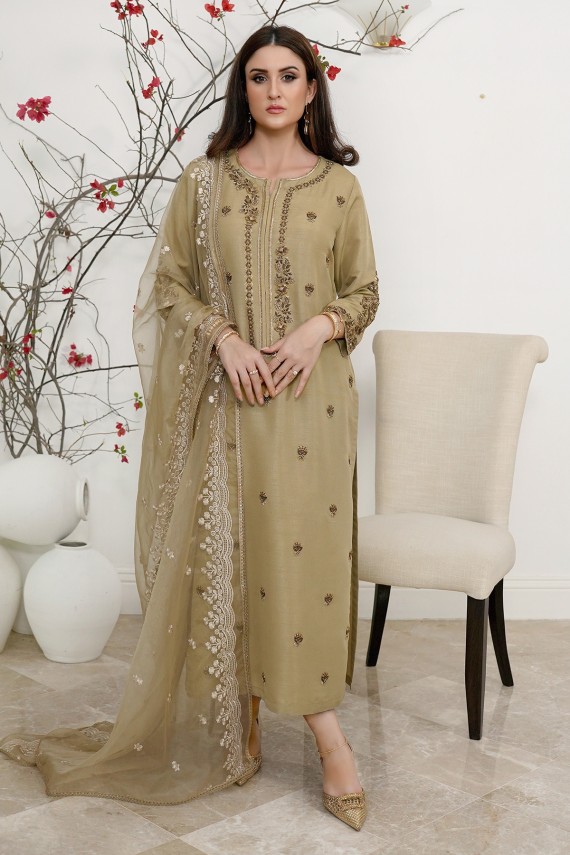 Beige gold 2pc raw silk suit.