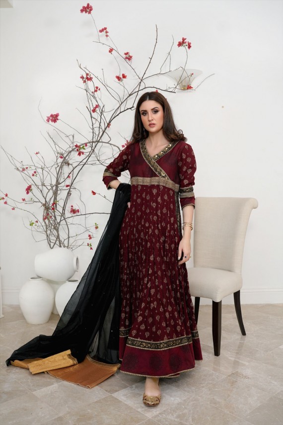 Maroon raw silk 2pc formal suit.