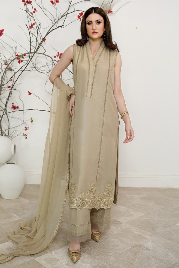 Beige gold raw silk 2pc suit.