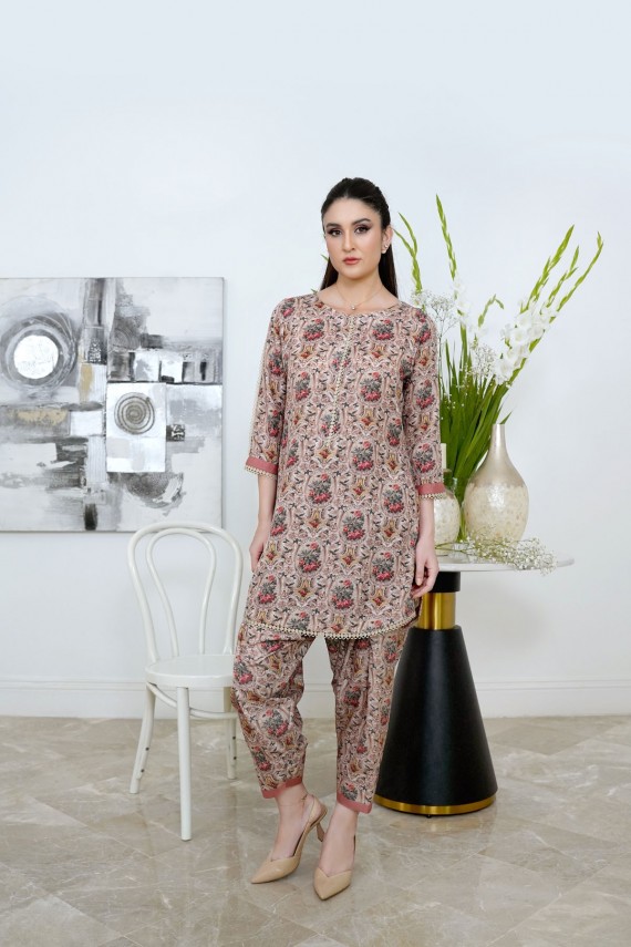 Beige lawn silk 2pc floral print suit