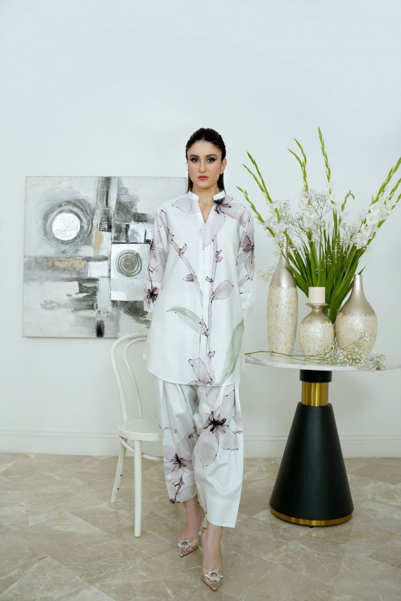 White and Lilac Floral Print 2pc Cotton Satin Suit