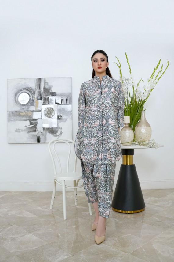 Mint green and light pink Printed 2pc Cotton Satin Suit