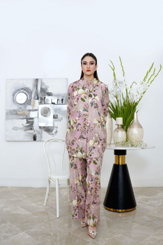 Pink floral print 2pc cotton satin suit.