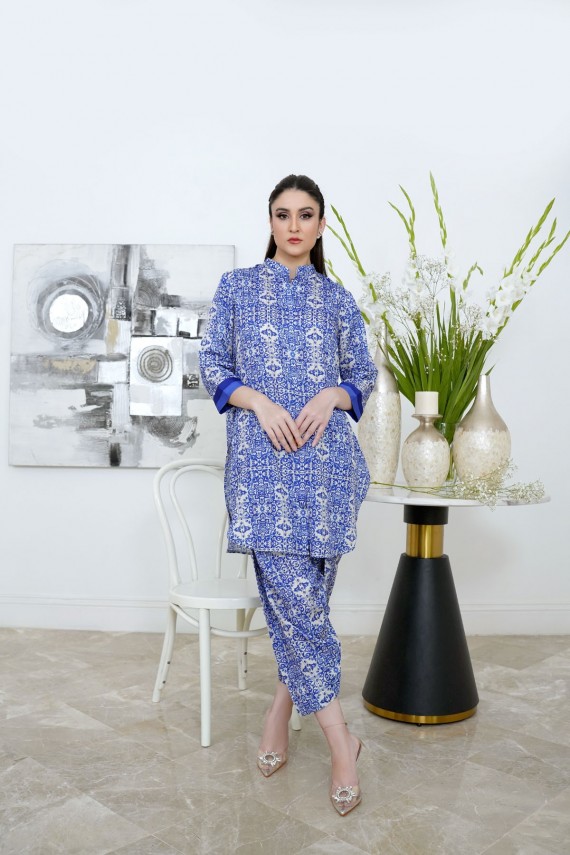 Blue printed lawn silk 2pc suit.