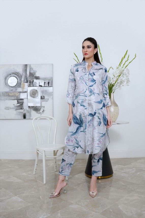 White-Ash cotton satin floral print 2pc suit.