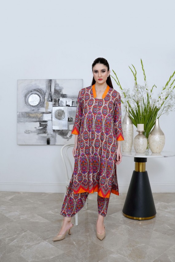 Pink and orange printed 2pc lawn silk suit