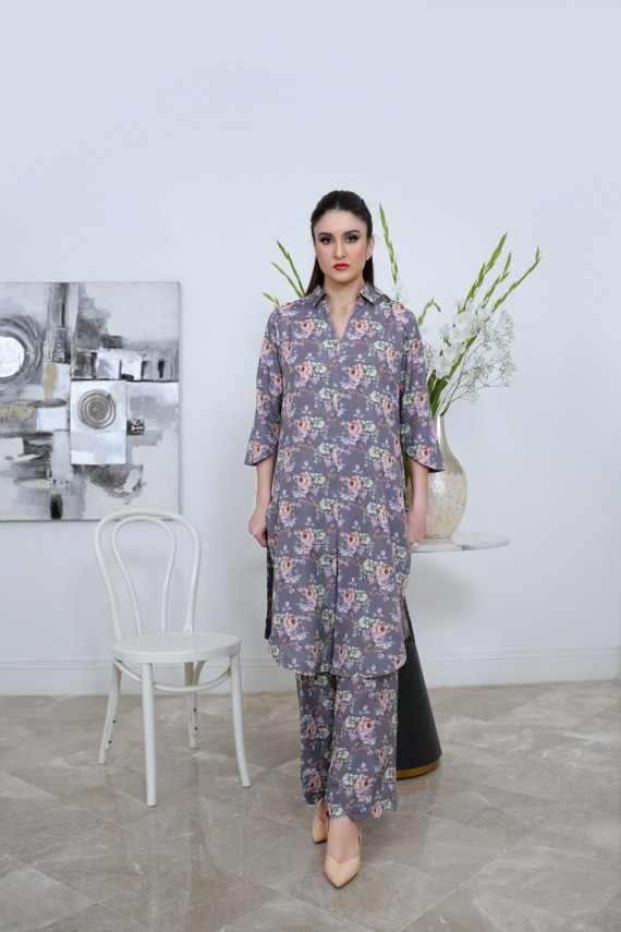 Grey floral print 2pc cotton satin suit.
