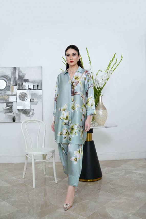 Mint green 2pc silk suit.