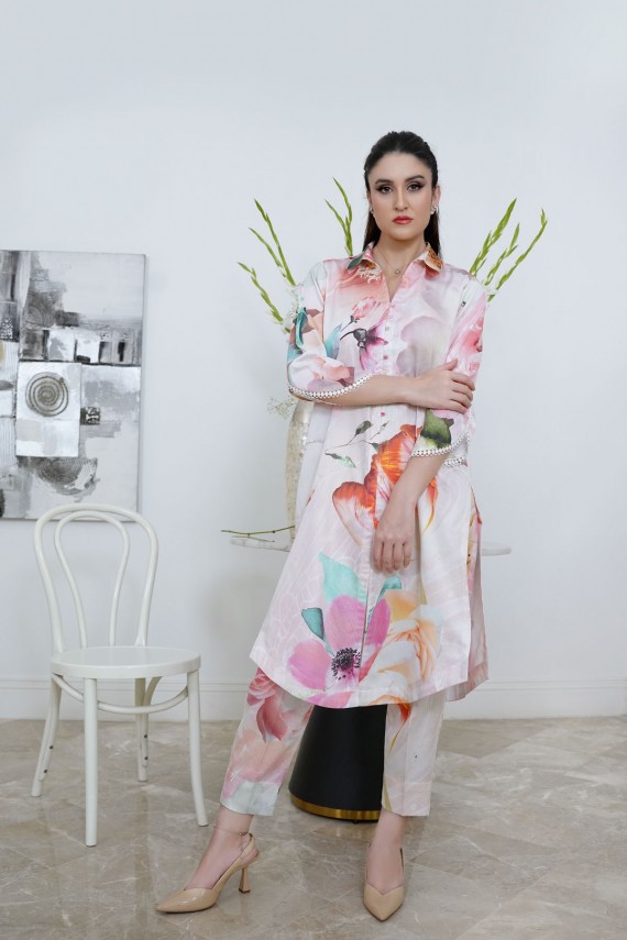 White Floral Print 2pc Cotton Satin Suit.