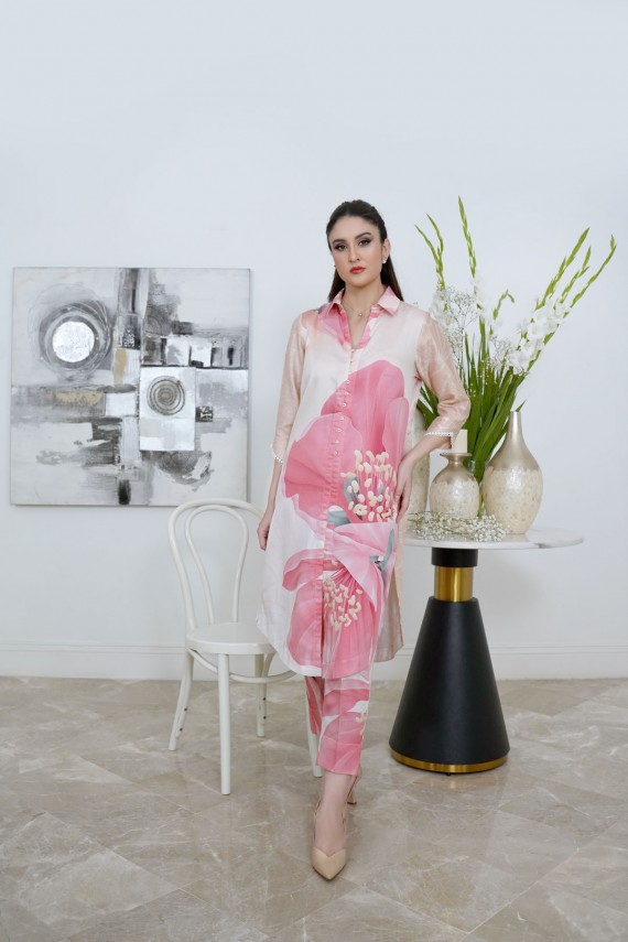 Pink Floral Print 2pc Cotton Satin Suit.