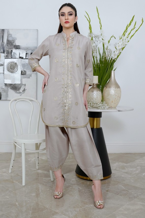 Beige raw silk 2pc formal suit.