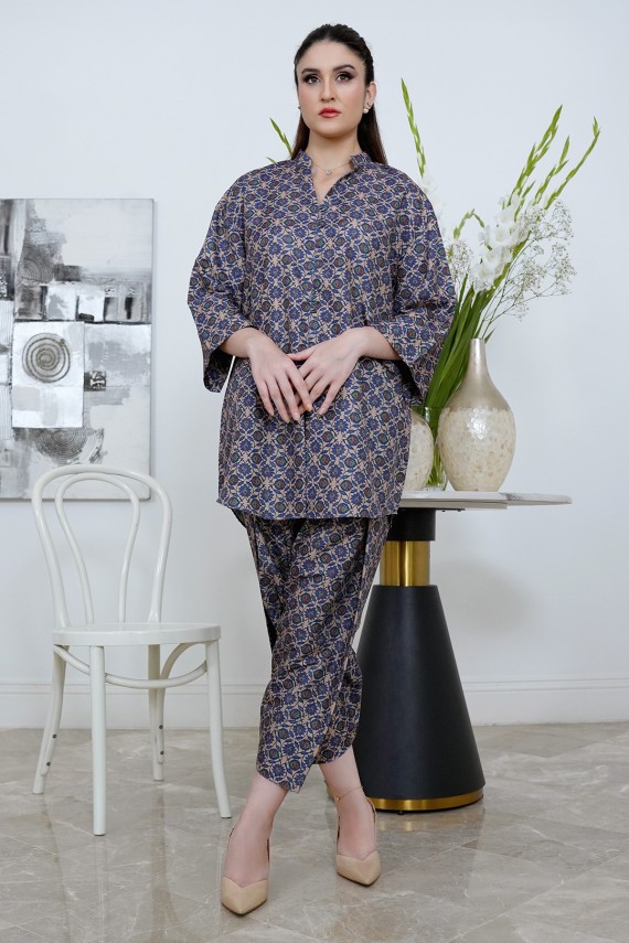 Beige and blue printed lawn silk 2pc suit