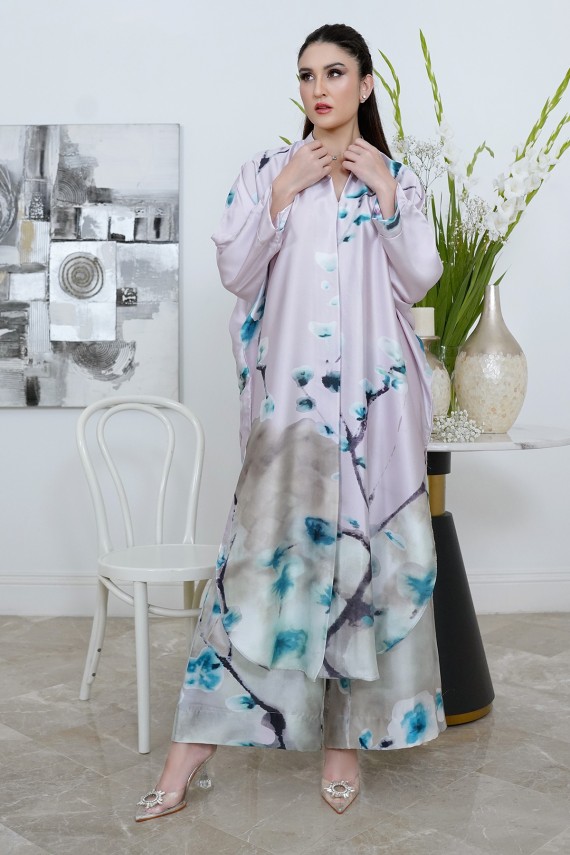 Purple printed silk 2pc suit.
