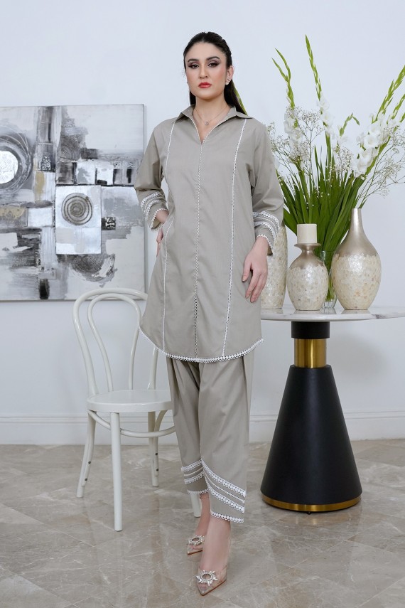 Beige cotton 2pc Suit with shalwar. 