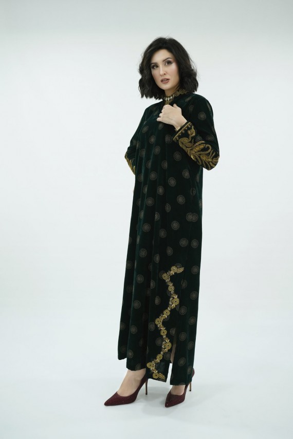 Dark Green printed velvet 2pc formal outfit. 