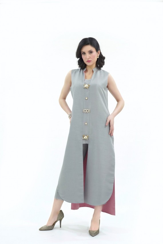 Grey and Pink Raw Silk 2pc suit. 