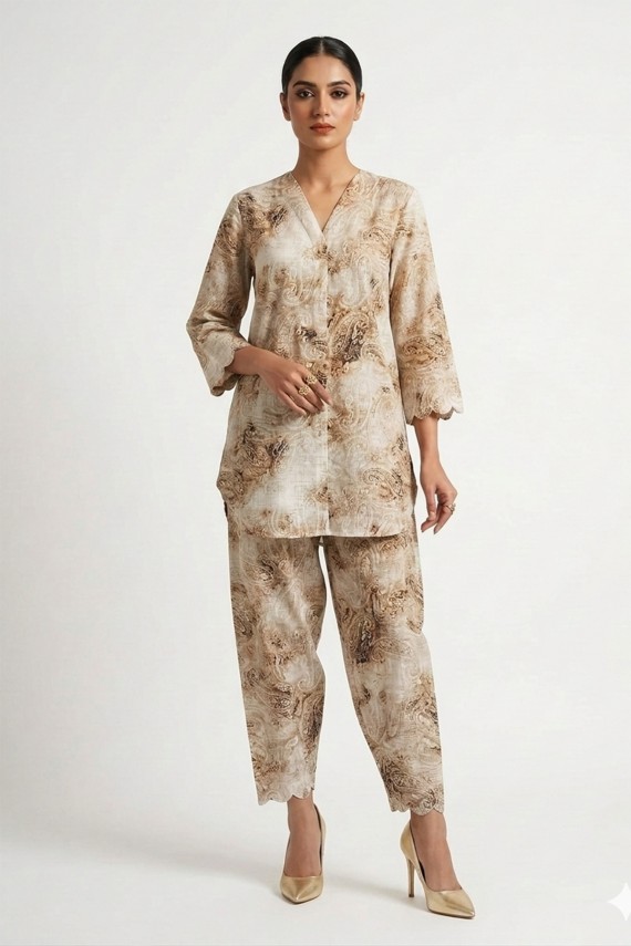 Beige and white printed cotton 2pc suit. 