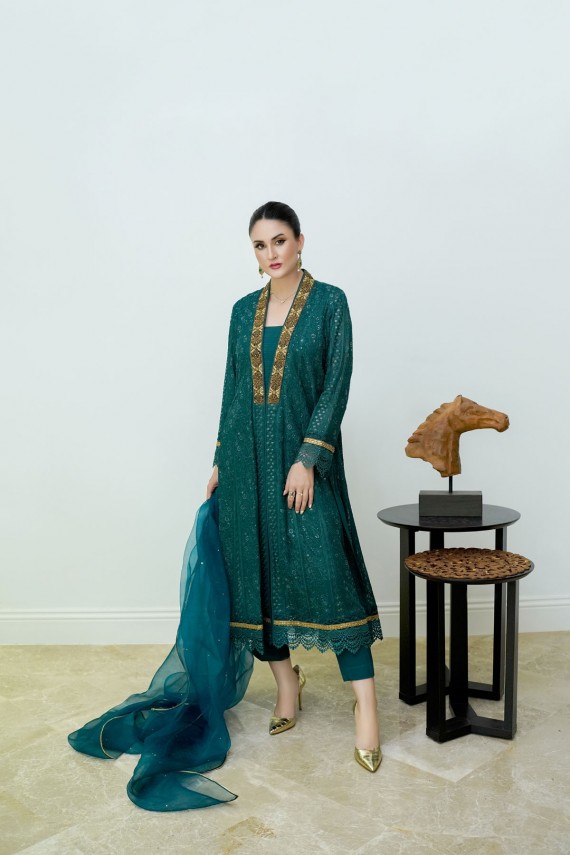 Turquoise Chiffon Chicken Karai 3pc Formal Suit