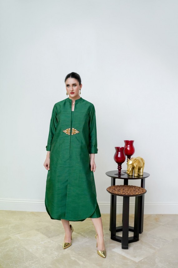 Green Raw Silk 3pc Suit. 