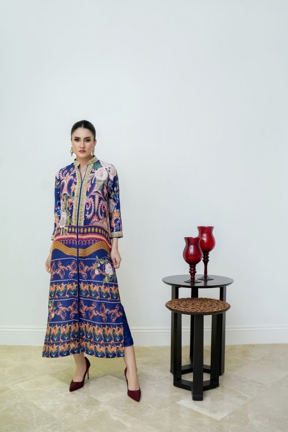 Blue Printed Raw Silk 2pc Suit.