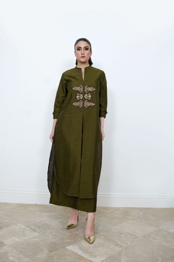 Olive Green raw silk 2pc suit.