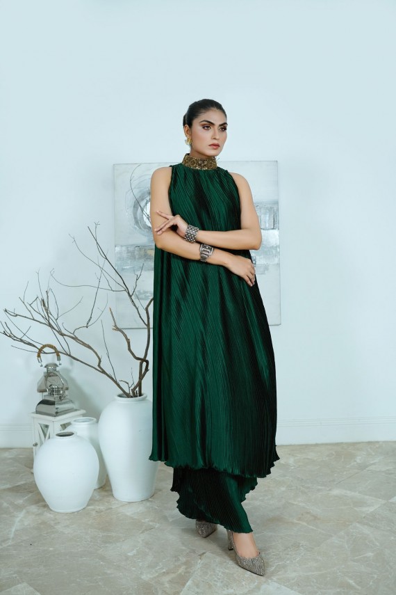 Black Velvet and green Pleated Silk 3pc Suit.