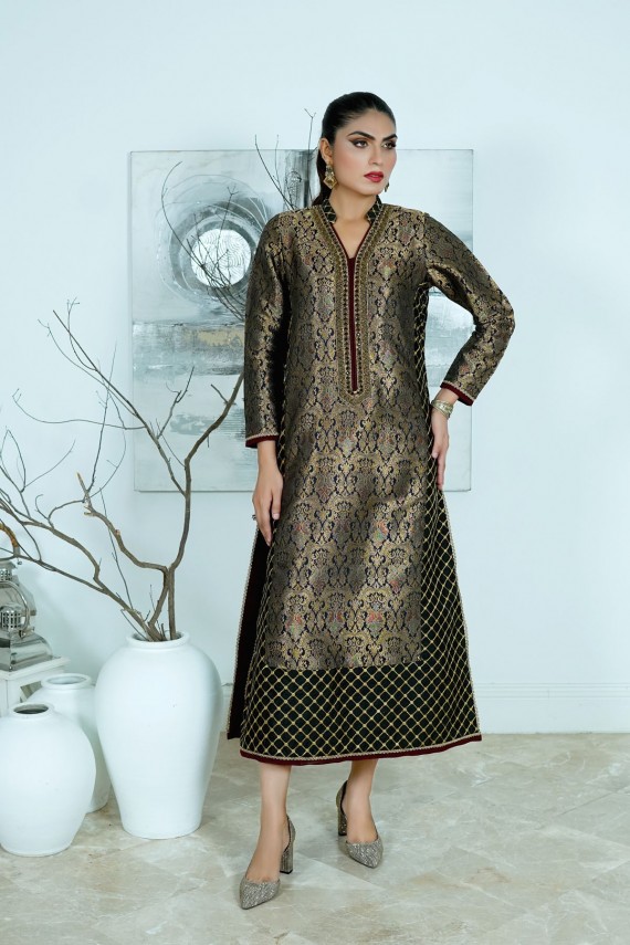 Black and Antique Jamawar 3pc Formal Suit