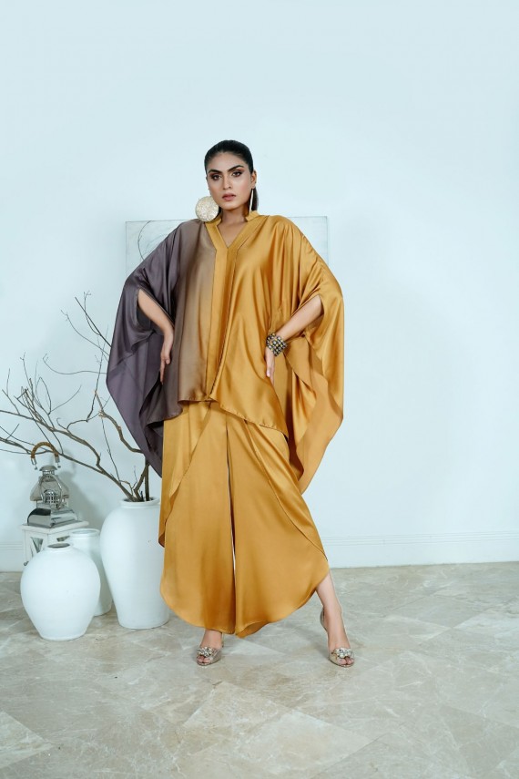 Gold and Pewter tie dye 2pc silk suit.