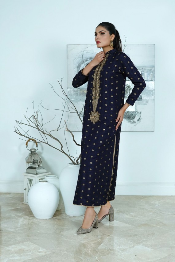 Midnight blue 2pc raw silk formal suit.