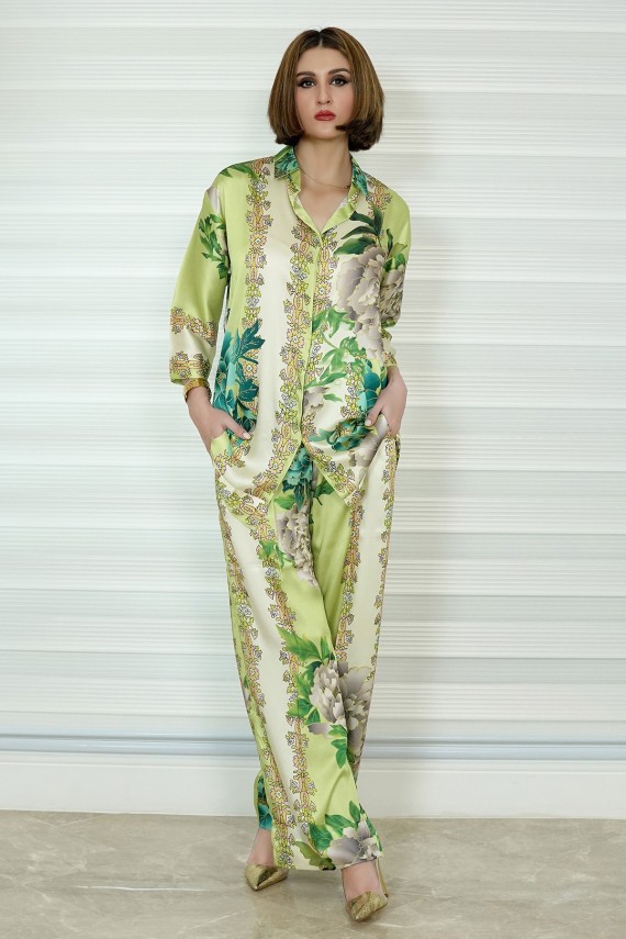 Green printed silk 2pc coord set