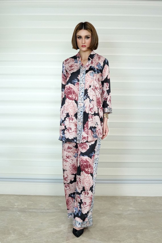 Black and Pink floral print silk 2pc coord set. 