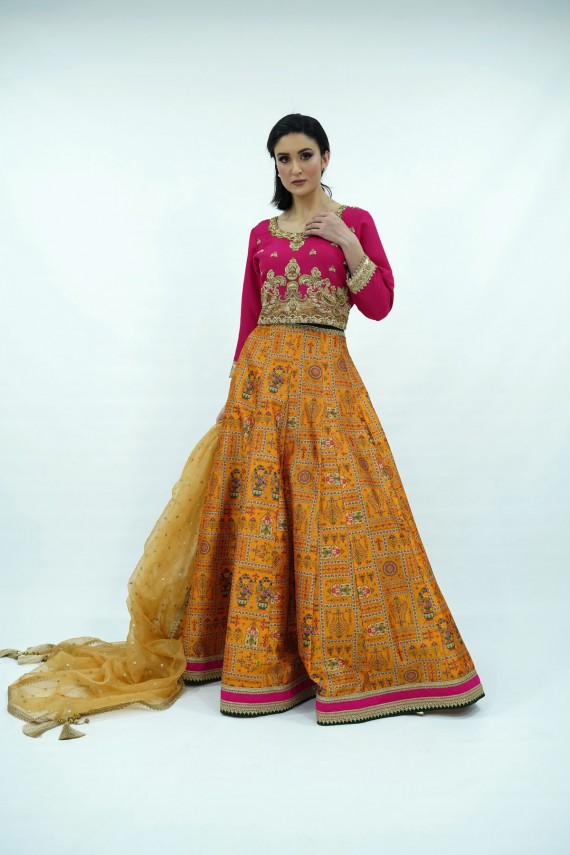 Pink and Yellow Raw Silk 3pc Lengha and Choli. 