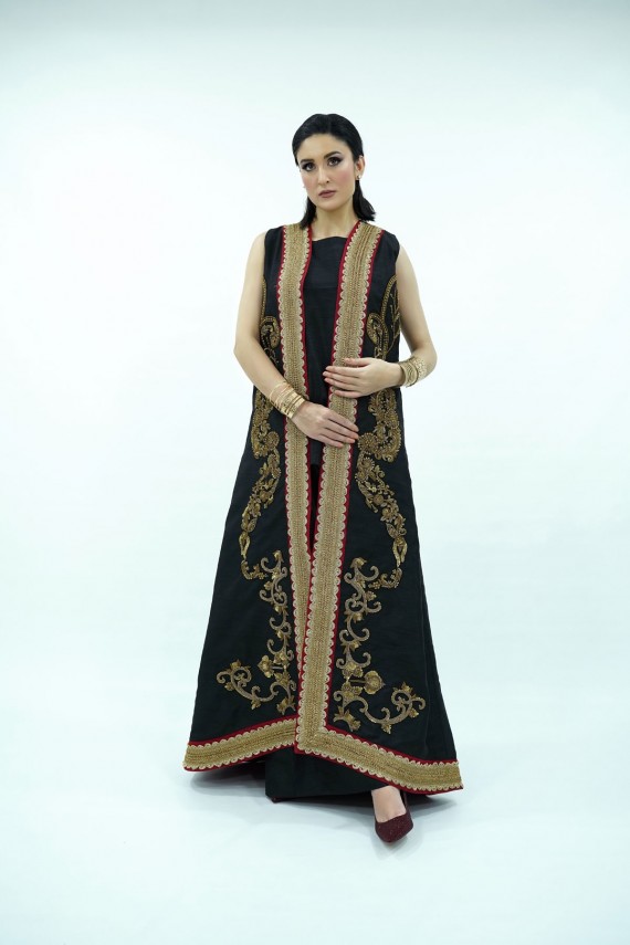 Black raw silk 3pc outfit.