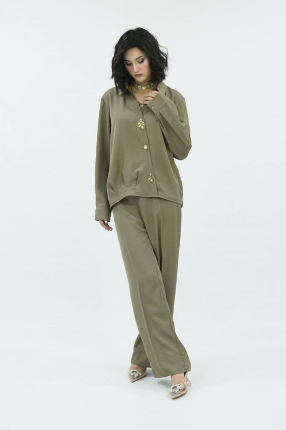 Olive green crepe 2pc coord set.