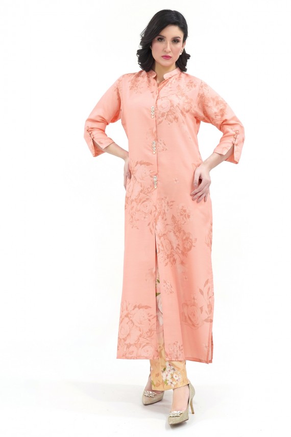 Peach 2pc floral emboss print raw silk suit. 