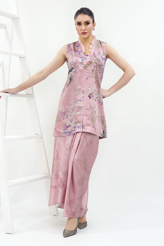 Pink silk floral print 2pc Suit. 