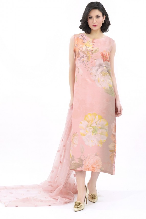 Pink shaded 2pc floral raw silk suit. 