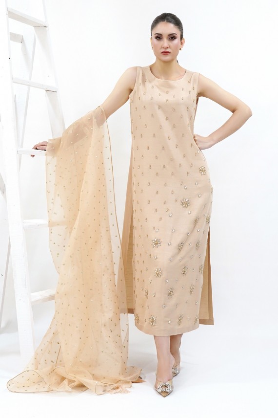 Peach Raw silk 2pc Formal suit. 