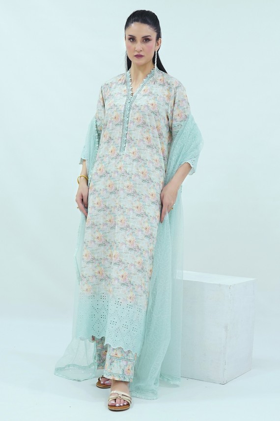 Blue floral print 2pc cotton suit. 