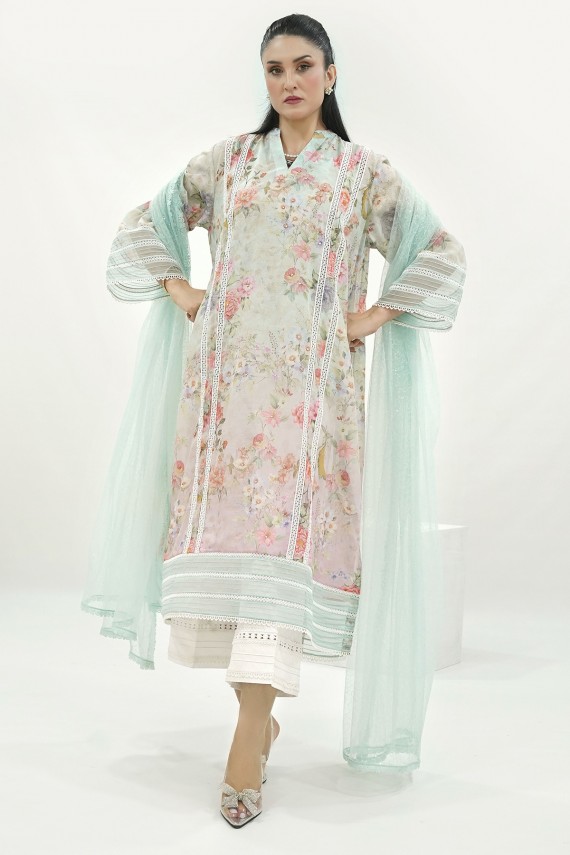 Blue floral print 3pc cotton suit. 
