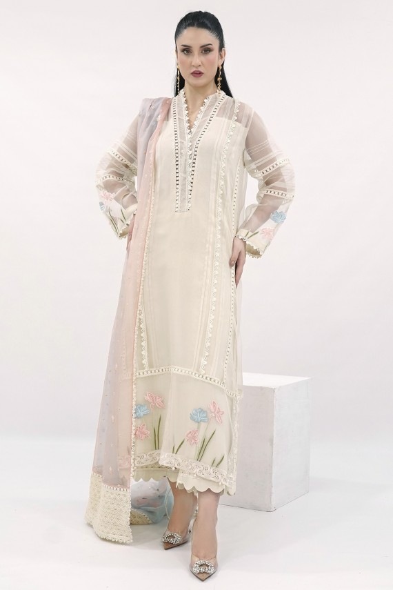 Ivory organza raw silk embroidered 3pc suit. 
