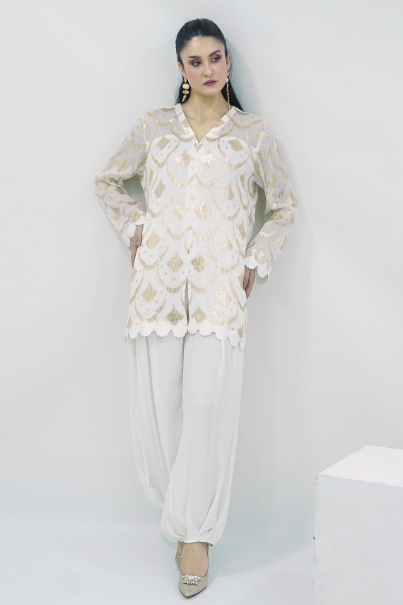 White chiffon 2pc suit. 