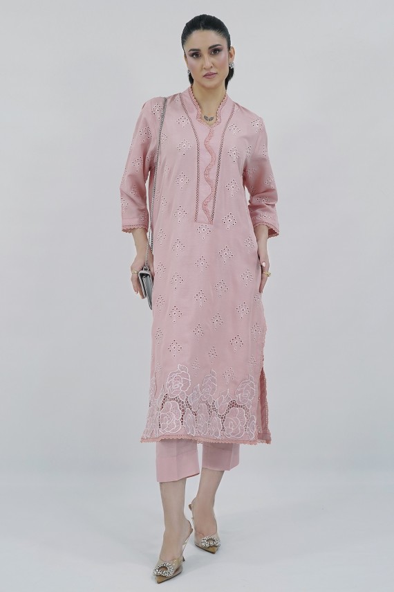 Pink embroidered raw silk 2pc suit. 